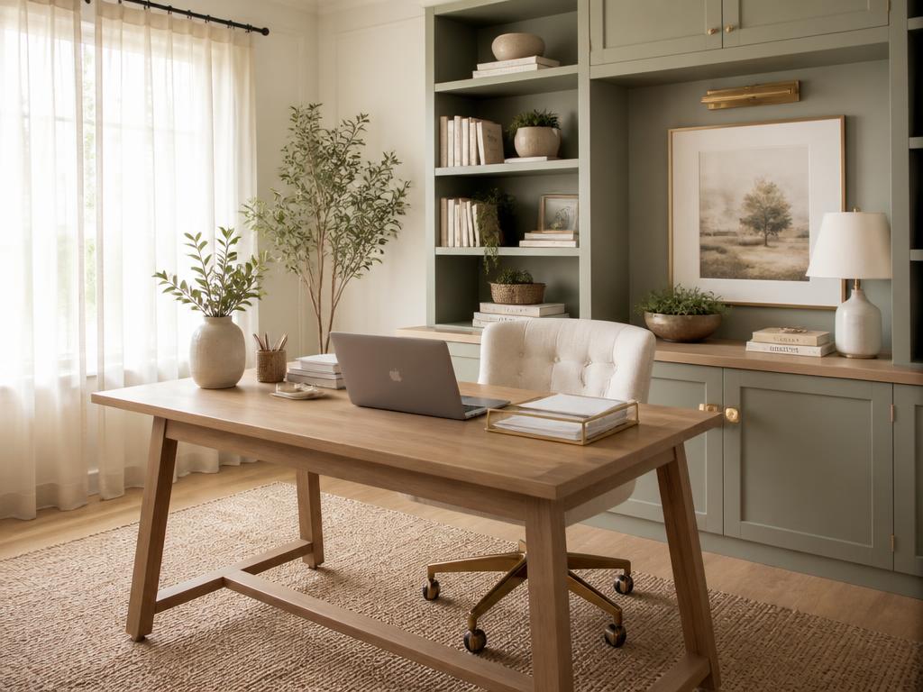 A calm, organized home office with light wood desk and built-in shelving