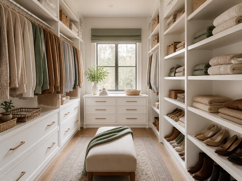 A beautifully organized luxury walk-in closet with folded linens and woven baskets