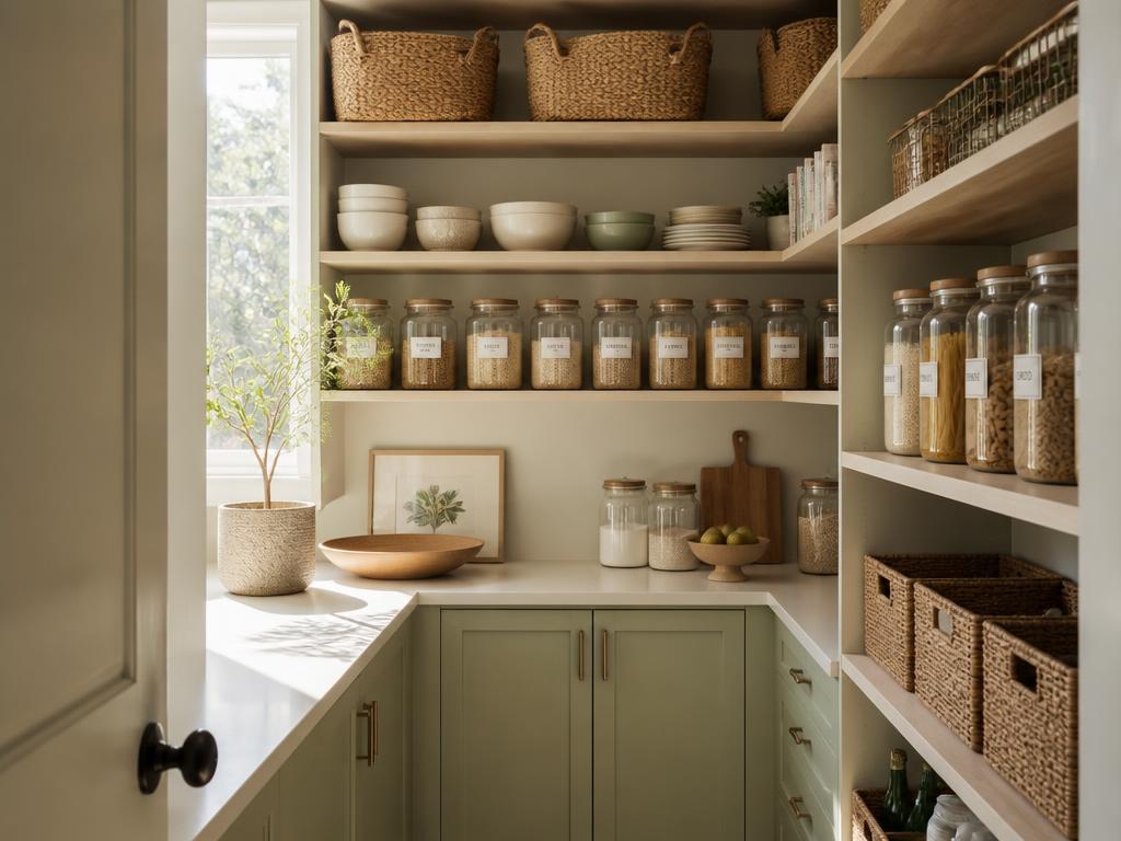 A bright, organized pantry with labelled glass jars and woven baskets