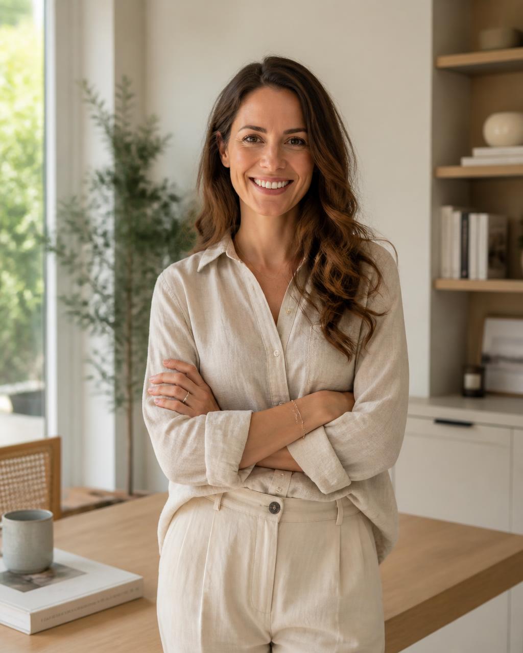 Sofia, professional home organizer, smiling in a bright organized home