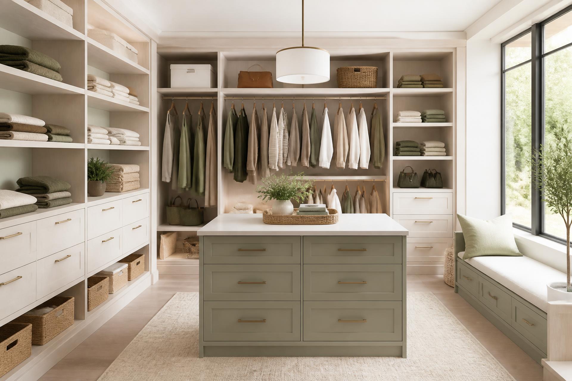 A beautifully organized modern walk-in closet with folded linens and woven baskets